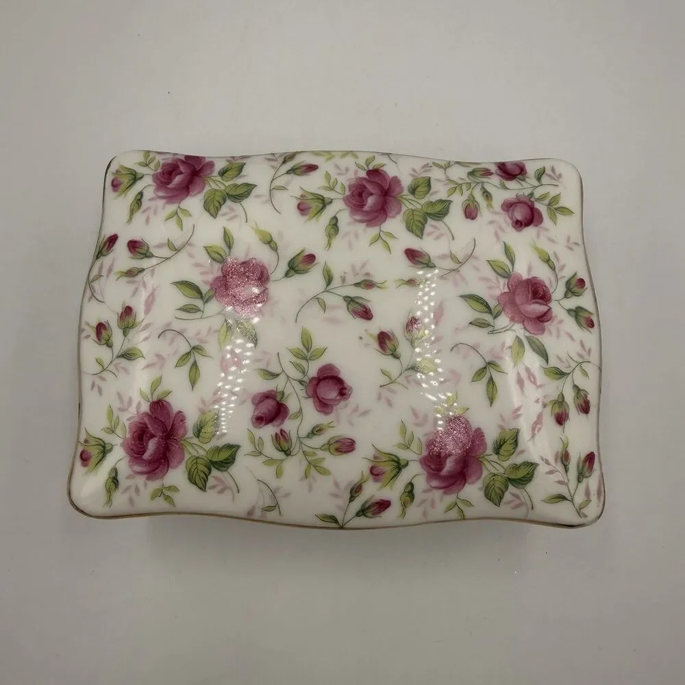 Lefton Rose Chintz Trinket Jewelry Box 2 Nesting Vintage Dishes Japan